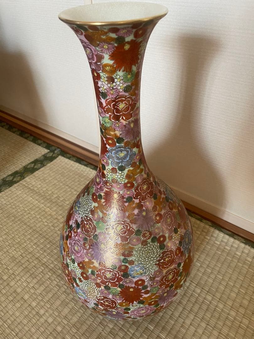 薩摩焼　飾り壺　花瓶　島津家紋入 丸十字　色絵　金彩　高さ46.5㎝ 大型　大壺