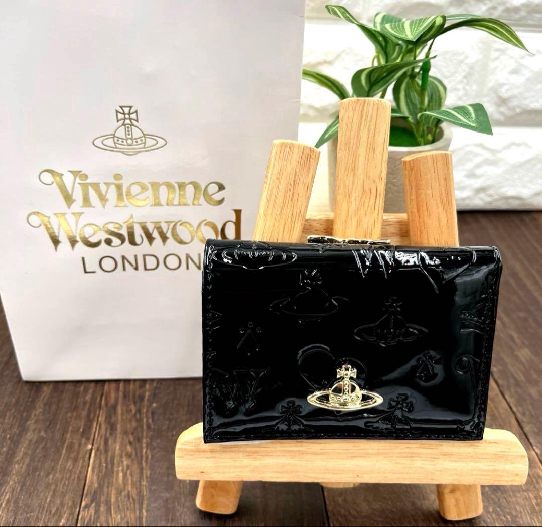 新品未使用　ヴィヴィアンウエストウッド 三つ折財布　黒　エナメル　がま口　⑦