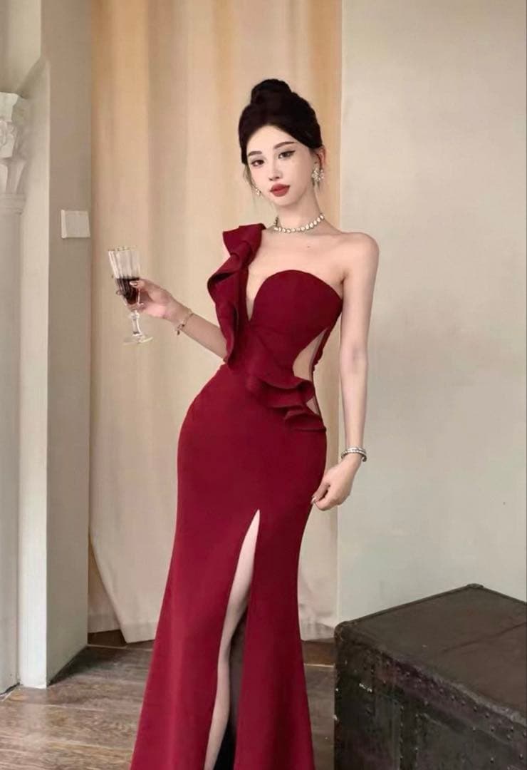 肩出し艶ベロアロングドレス✨セクシーパーティー向け