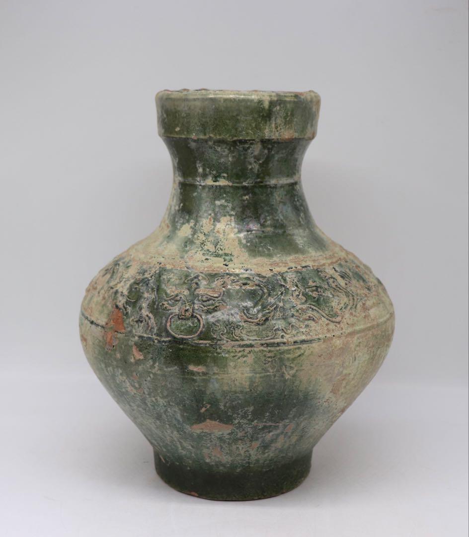 中国　漢時代　緑釉舗首耳大瓶　銀化緑釉　アンティーク　送料込み251014