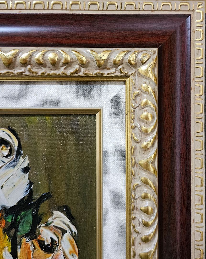 【真筆保証❗】湯浅洋子筆　油彩油絵　肉筆　題『ばら』額装　登録証付　師　錦儀一郎