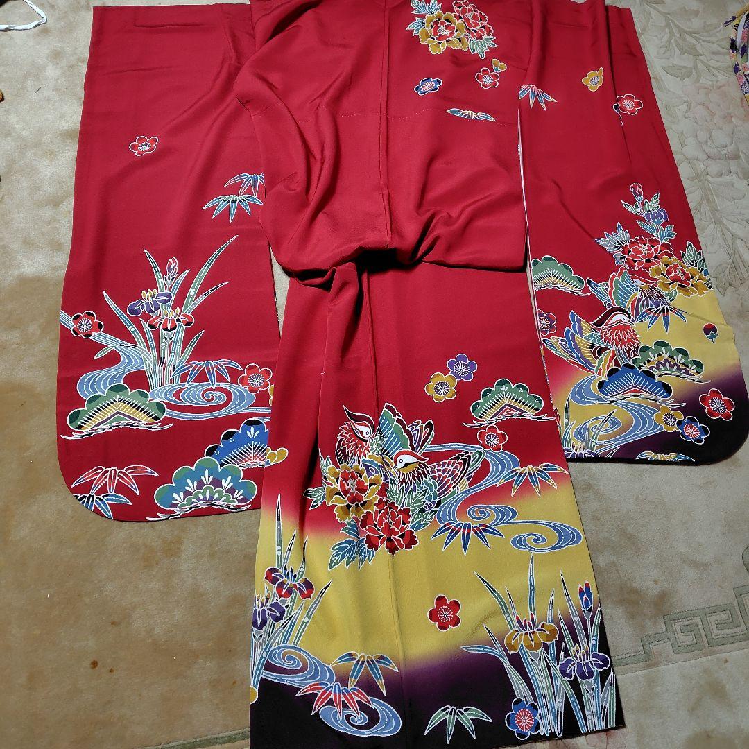 正絹 紅型調赤振袖＆長襦袢＆帯揚げ帯締めセット