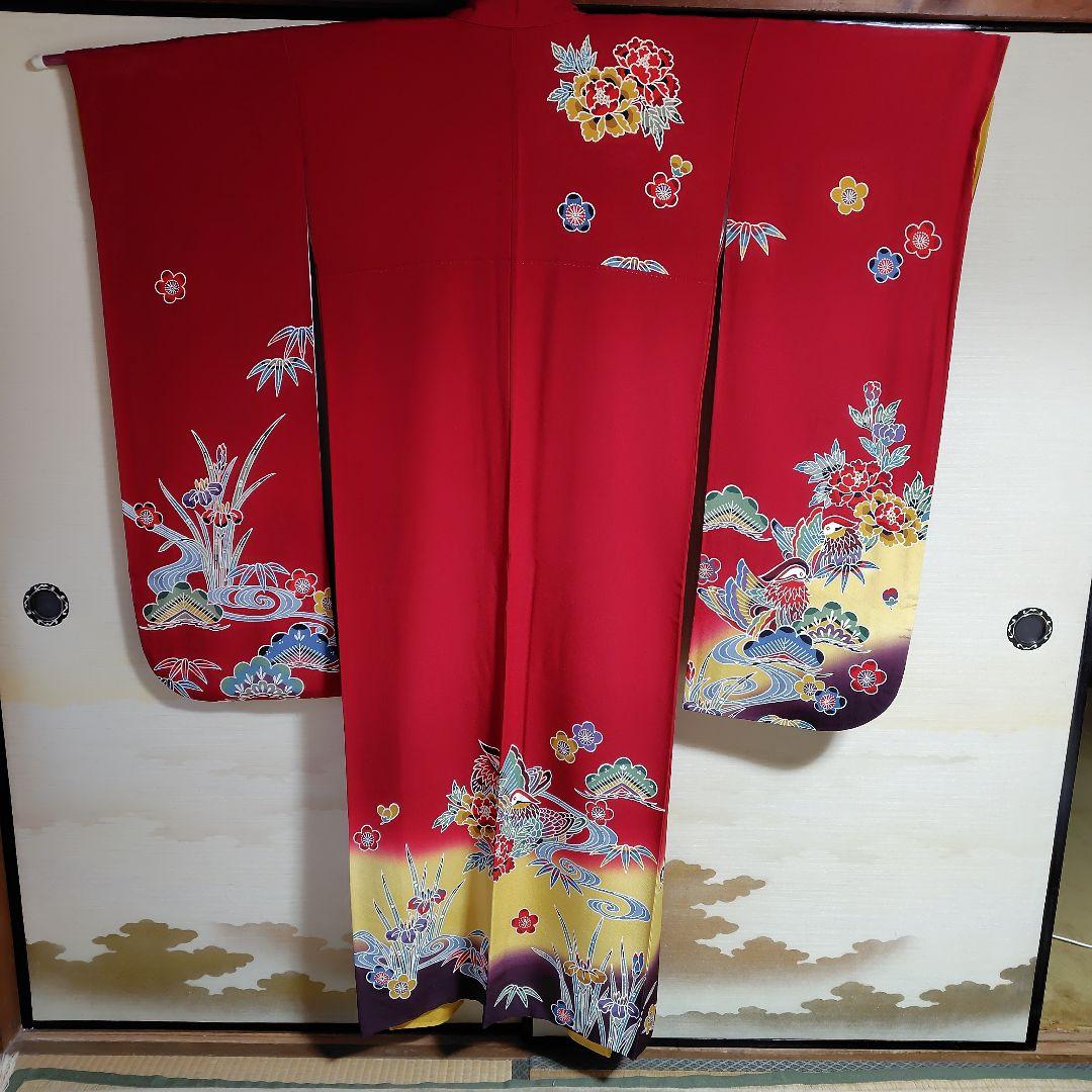 正絹 紅型調赤振袖＆長襦袢＆帯揚げ帯締めセット