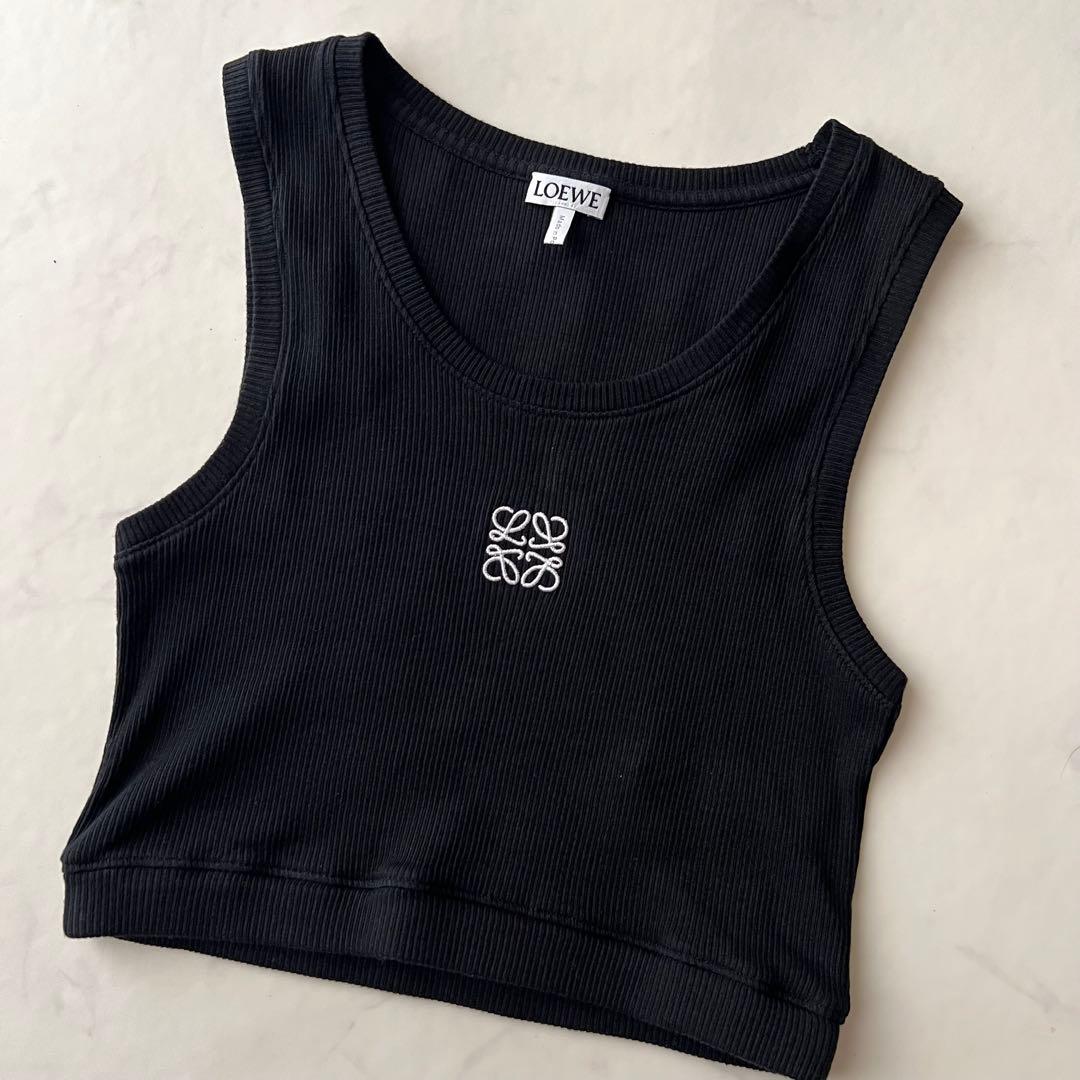 現行品 ロエベ クロップドタンクトップ アナグラム刺繍 ブラック ノースリーブS