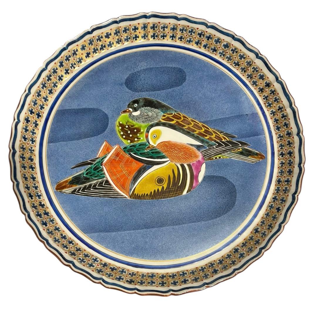 九谷焼 色絵大皿 オシドリ絵図　庄三洞四代目 武腰昭一郎作 共箱付