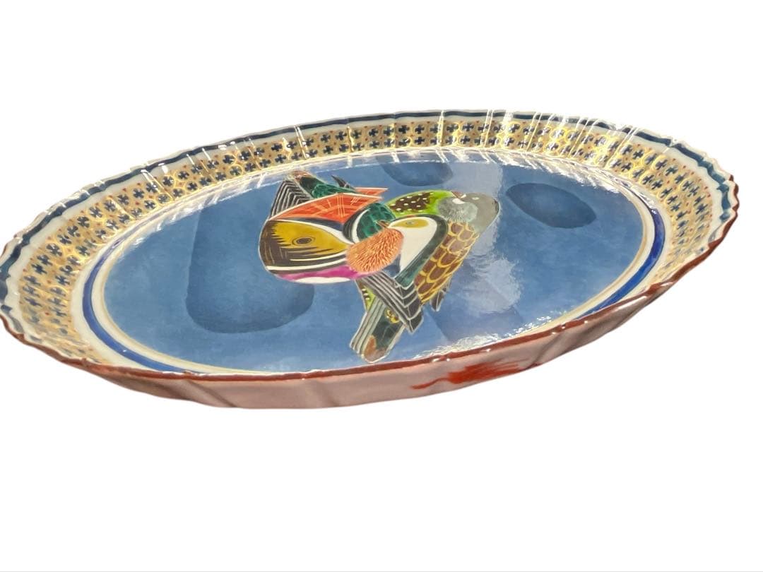 九谷焼 色絵大皿 オシドリ絵図　庄三洞四代目 武腰昭一郎作 共箱付