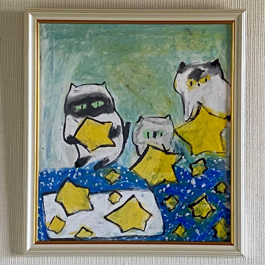 絵画 。壁掛け絵手描き【猫たちは銀河にかわいい星を入れている】