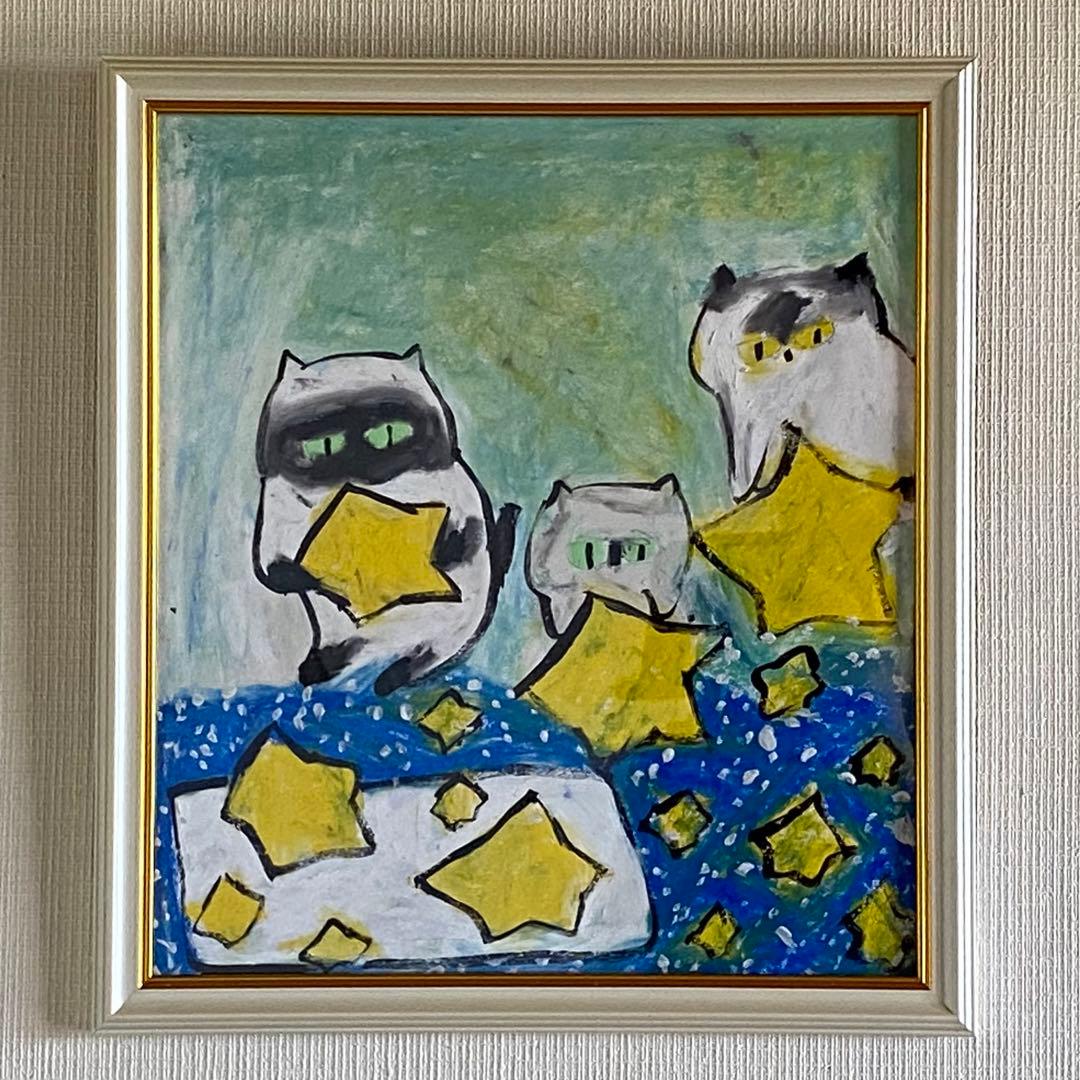 絵画 。壁掛け絵手描き【猫たちは銀河にかわいい星を入れている】