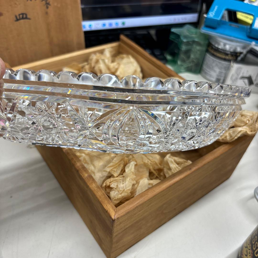 【未使用】変り皿　チェコスロバキア製　クリスタル　ダイヤカットグラス