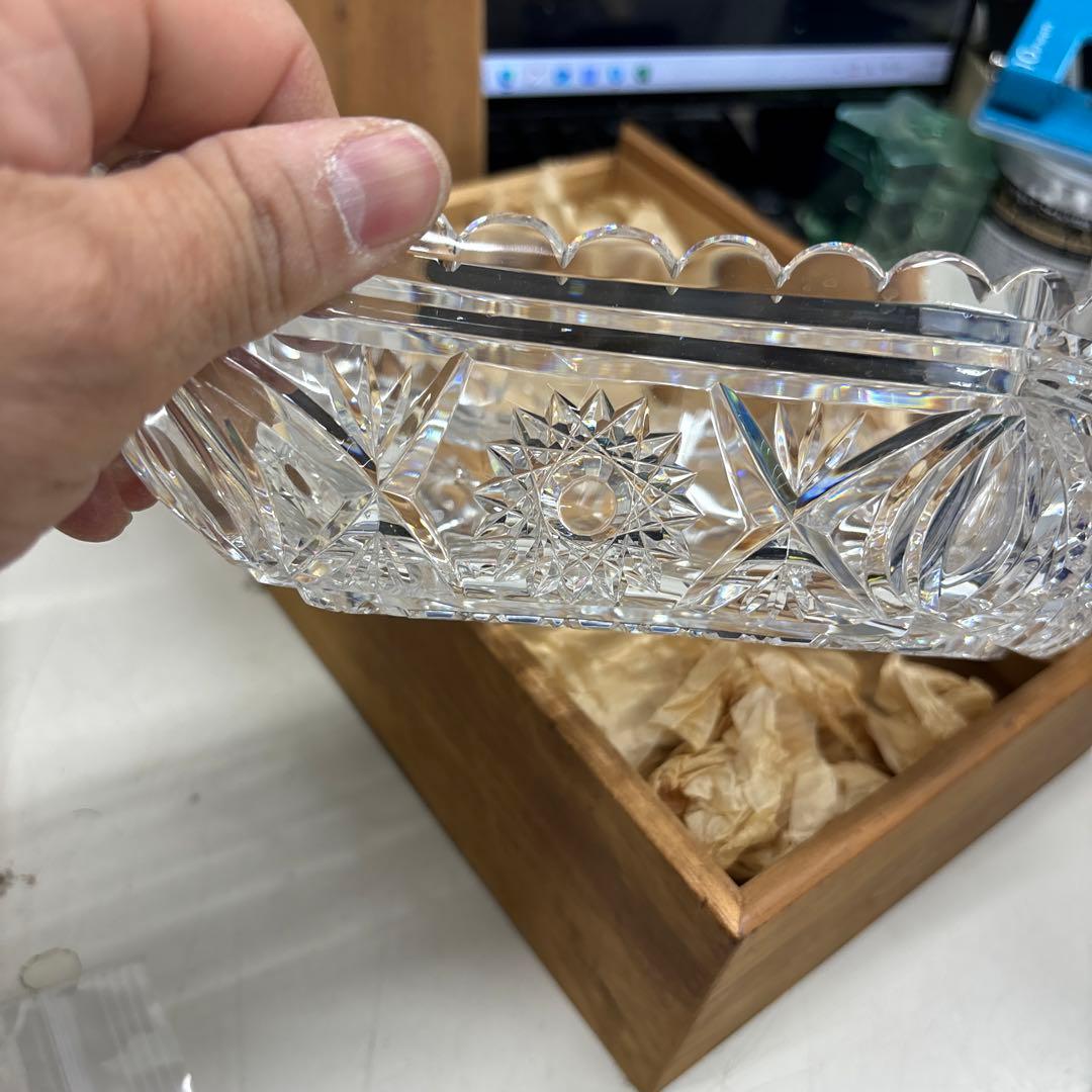 【未使用】変り皿　チェコスロバキア製　クリスタル　ダイヤカットグラス