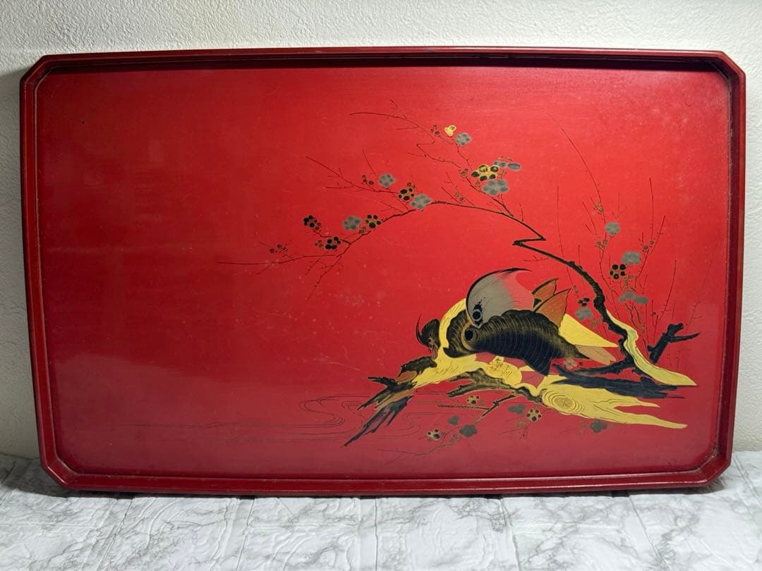骨董お盆 漆器 朱地 木製 時代もの　古民具 鳥 アンティーク レトロ