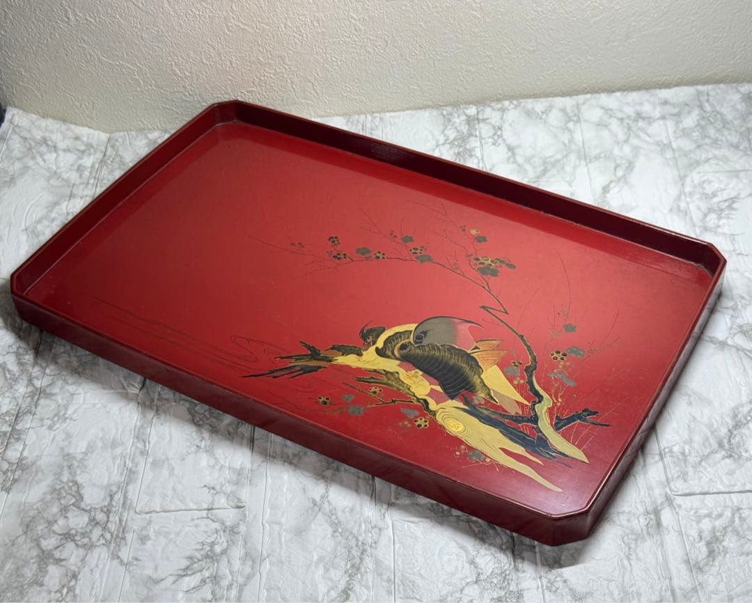骨董お盆 漆器 朱地 木製 時代もの　古民具 鳥 アンティーク レトロ