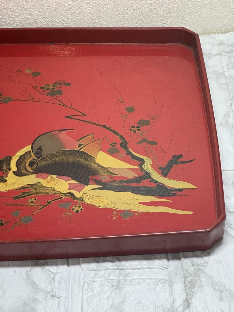 骨董お盆 漆器 朱地 木製 時代もの　古民具 鳥 アンティーク レトロ