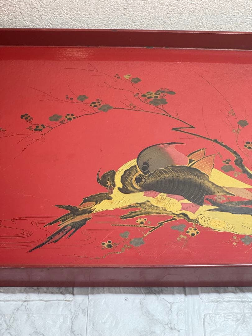 骨董お盆 漆器 朱地 木製 時代もの　古民具 鳥 アンティーク レトロ