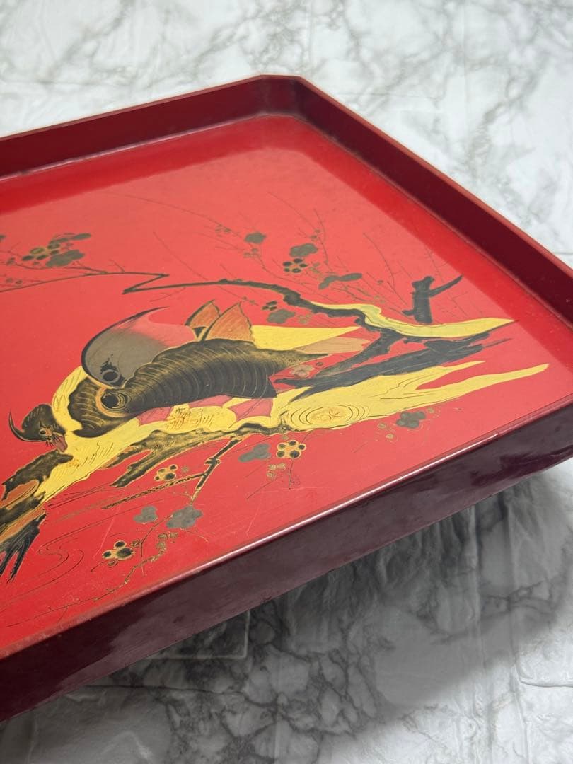 骨董お盆 漆器 朱地 木製 時代もの　古民具 鳥 アンティーク レトロ