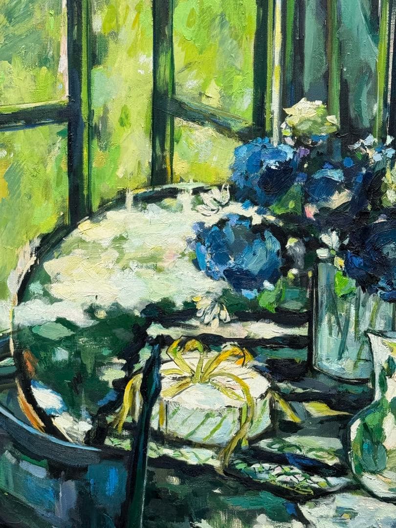 平野能子作　油彩絵　窓を開けて　直筆　示現会作品　額装　送料込み0822