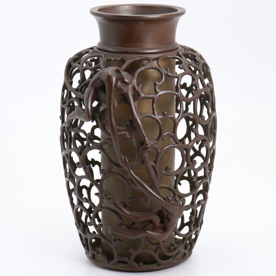 鋳師 金森浄栄作 鋳銅 蝋型 猿文 壷 花入 高岡銅器 共箱　AL826