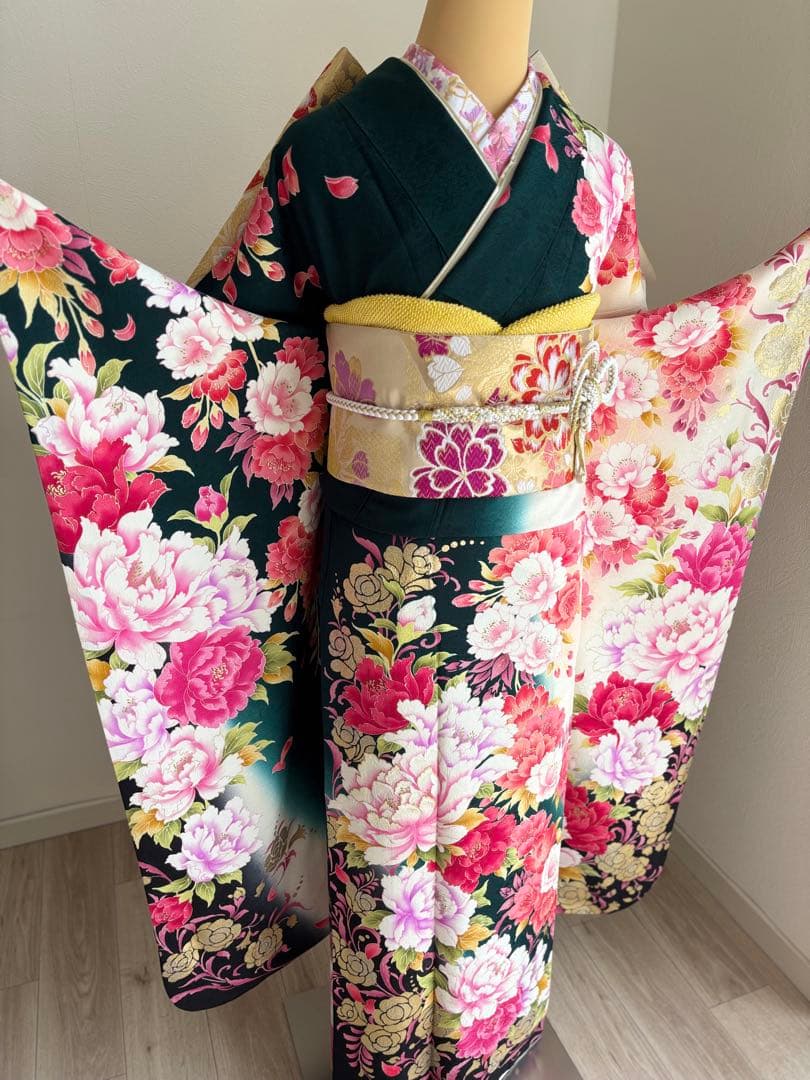 専用です⭐️豪華絢爛　振袖フルセット　正絹振袖　正絹袋帯　成人式　深緑系