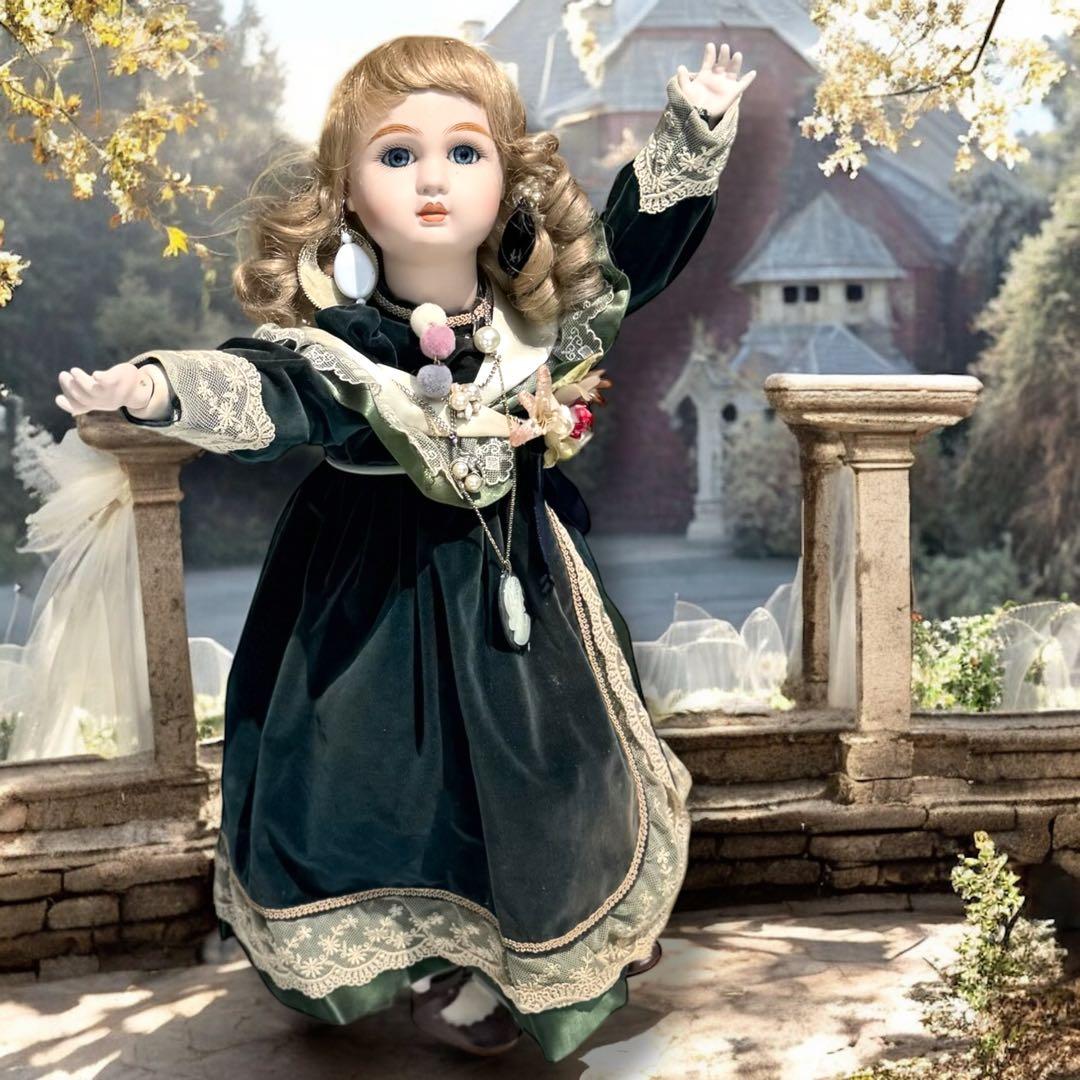 ノエル ビスクドール スタイナー リプロ フレンチ グリーン ドレス ボネ