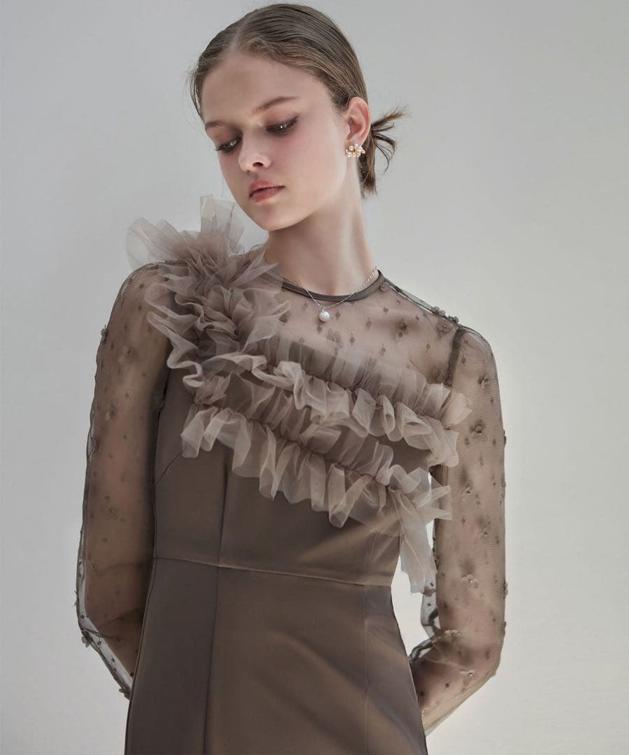 LEJA フラワーモチーフアシンメトリーチュールマーメイドワンピースドレス