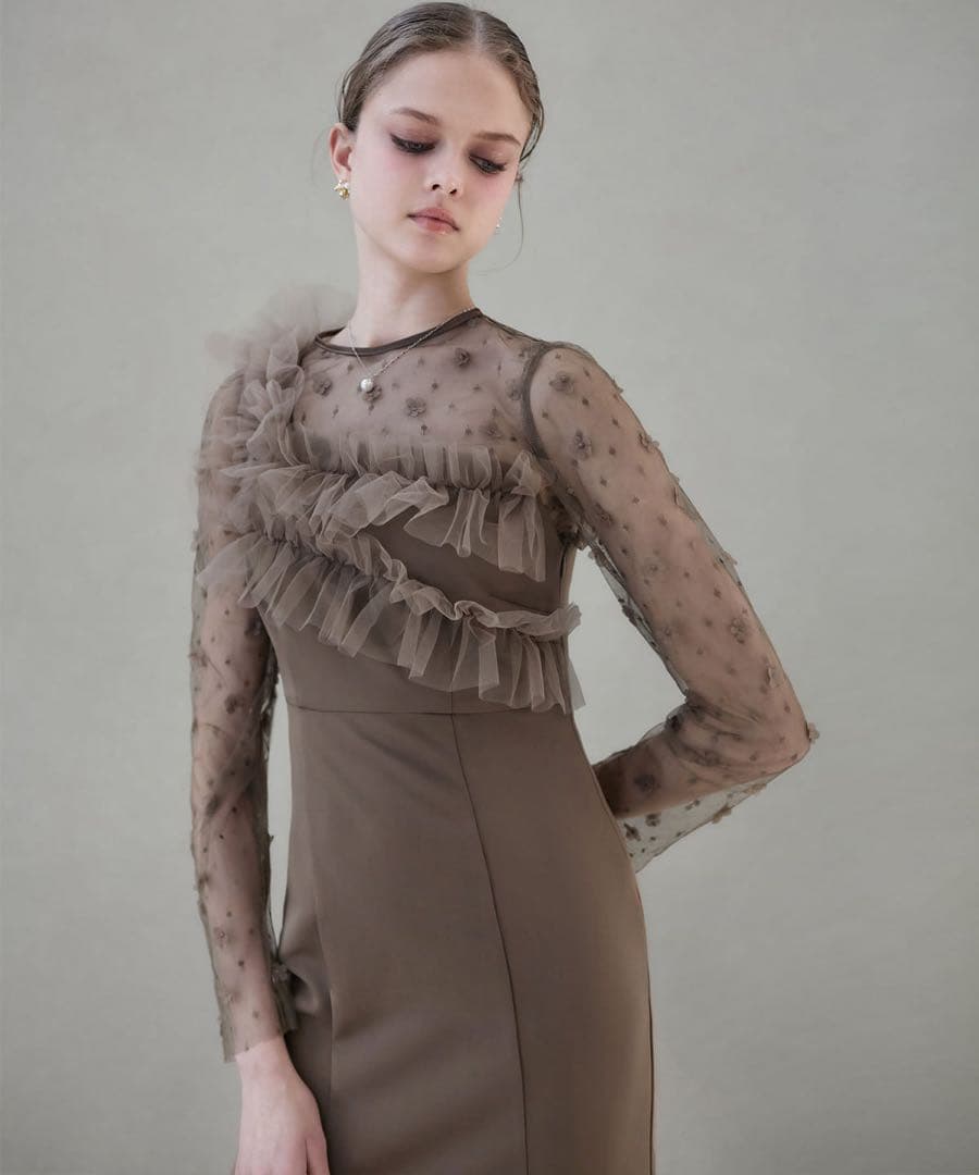 LEJA フラワーモチーフアシンメトリーチュールマーメイドワンピースドレス