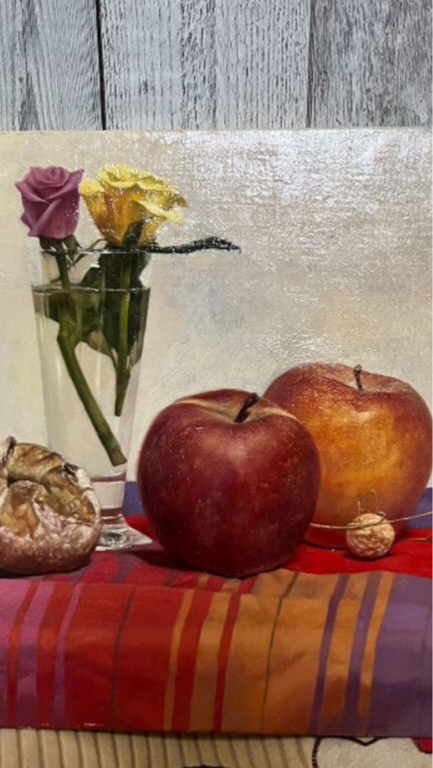 油彩画　油絵　原画　朝森武『バラとリンゴ』F6 美術品　額縁付き★美品★