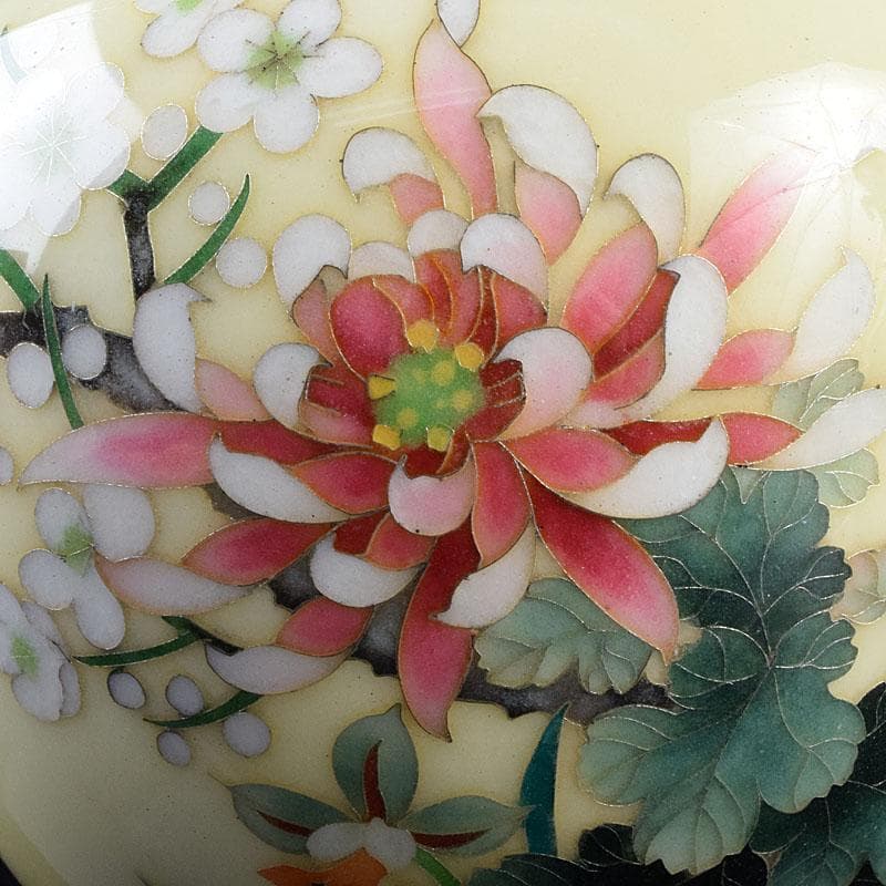 七宝焼　林武生作　黄地　四君子文　花瓶　共箱　M　R9341H