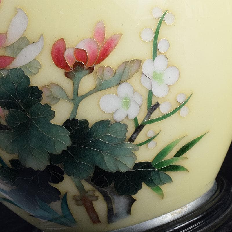 七宝焼　林武生作　黄地　四君子文　花瓶　共箱　M　R9341H