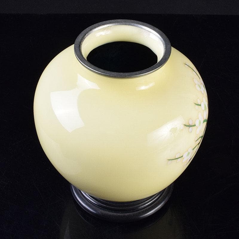 七宝焼　林武生作　黄地　四君子文　花瓶　共箱　M　R9341H