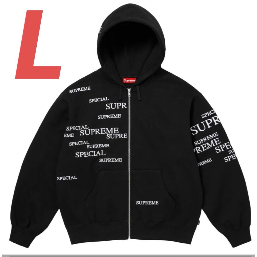 SUPREME L 刺繍　ロゴ　ジップアップ　パーカー ブラック　黒　裏起毛