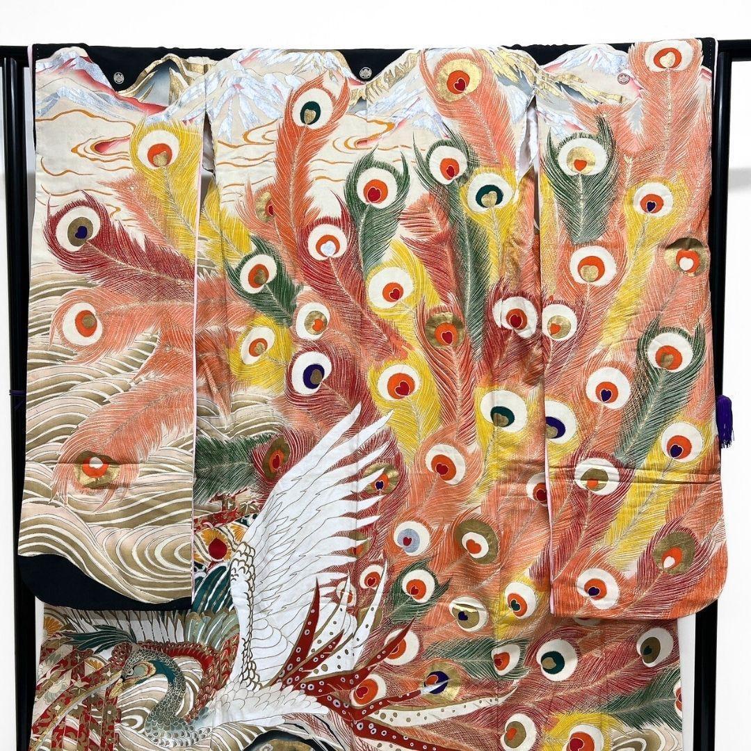 アンティーク　刺繍　金狛刺繍　鳳凰　羽模様　振袖　引き摺り　着物　104a p