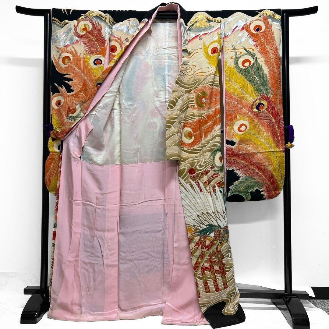 アンティーク　刺繍　金狛刺繍　鳳凰　羽模様　振袖　引き摺り　着物　104a p