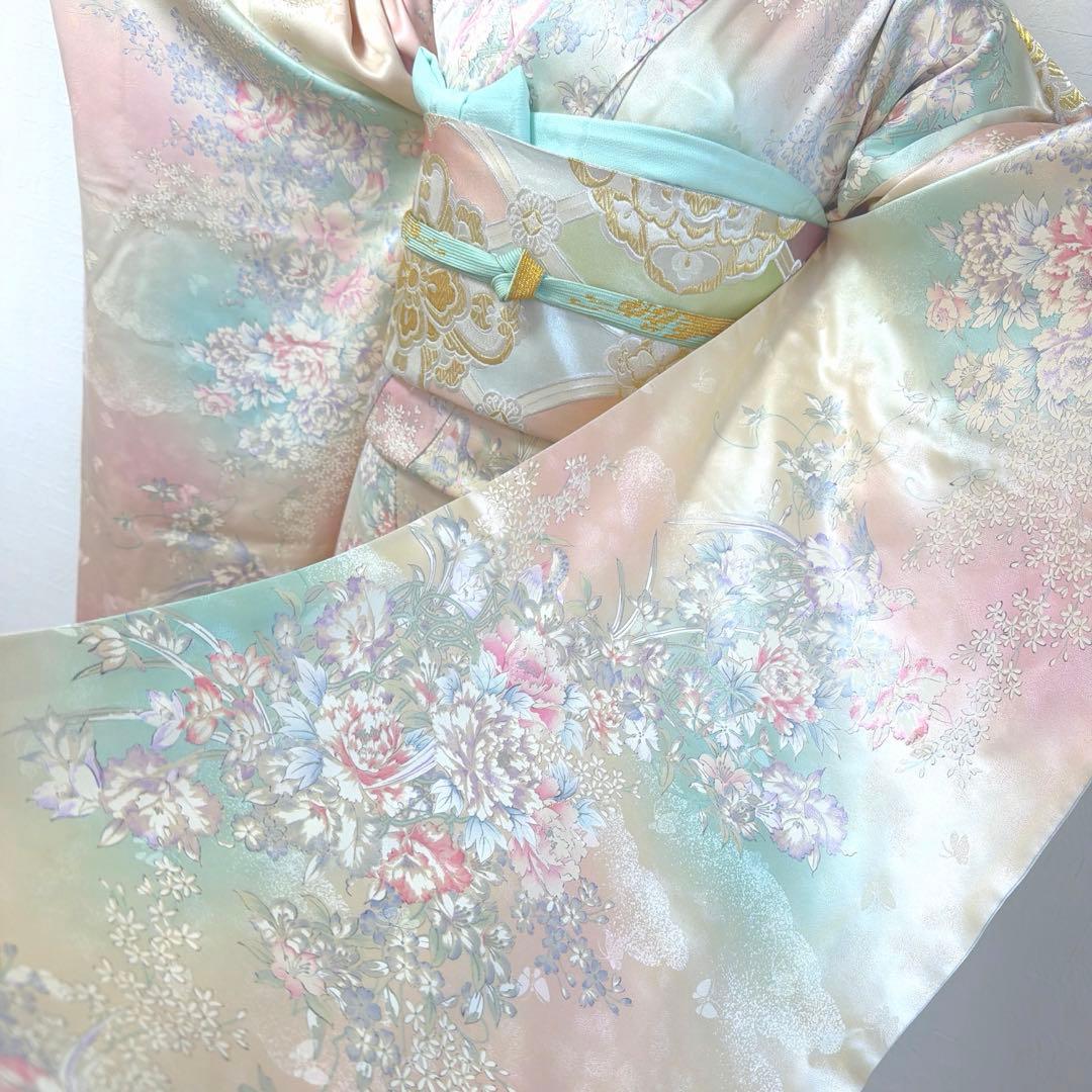 497 振袖フルセット 正絹 ピンク 水色 生成 銀彩 総手書き 暈し染め 蝶