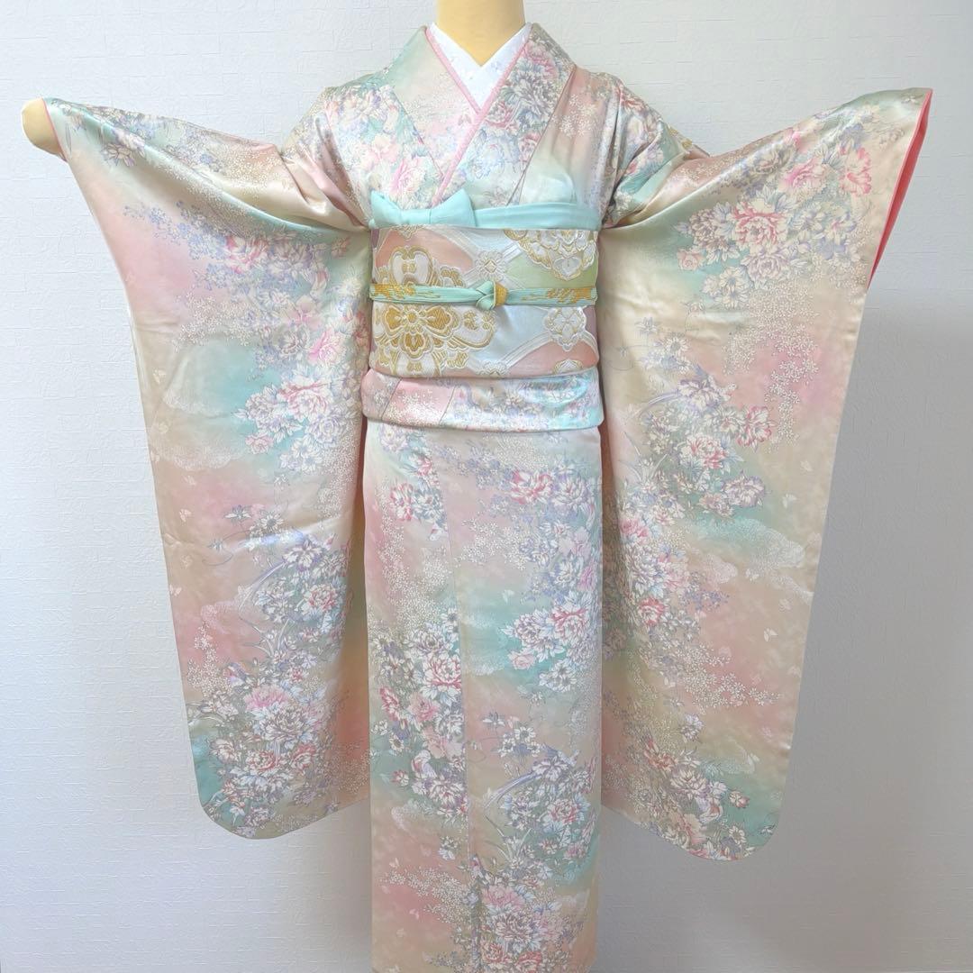 497 振袖フルセット 正絹 ピンク 水色 生成 銀彩 総手書き 暈し染め 蝶