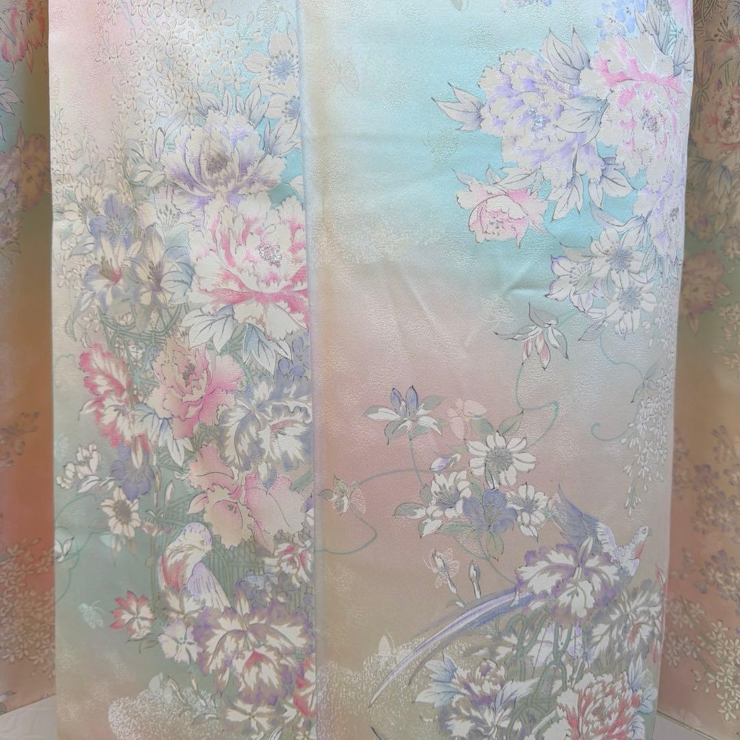 497 振袖フルセット 正絹 ピンク 水色 生成 銀彩 総手書き 暈し染め 蝶