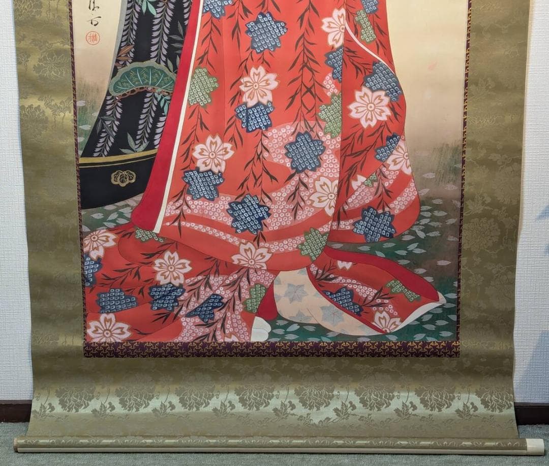 【真作】掛軸　艶やか美人画　花魁図　桜と花魁の華やぎ　二重箱入（合箱）　R138