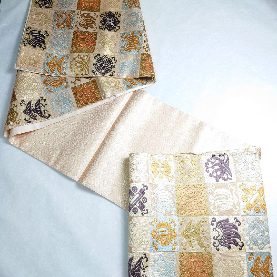 正絹 袋帯 六通柄 河合美術織物謹製 市松 宝づくし 極上 逸品 未使用品