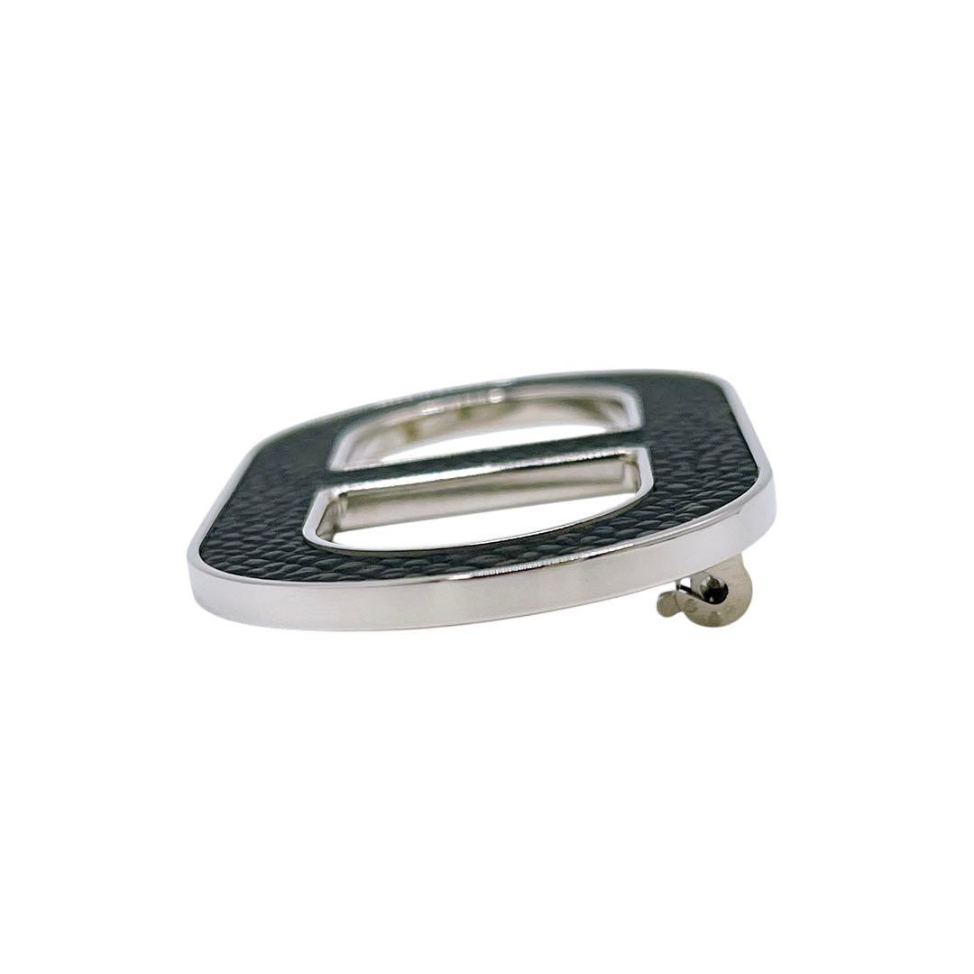 極美品 エルメス ブローチ シェーヌダンクル レザー 黒 ブラック 銀 シルバー