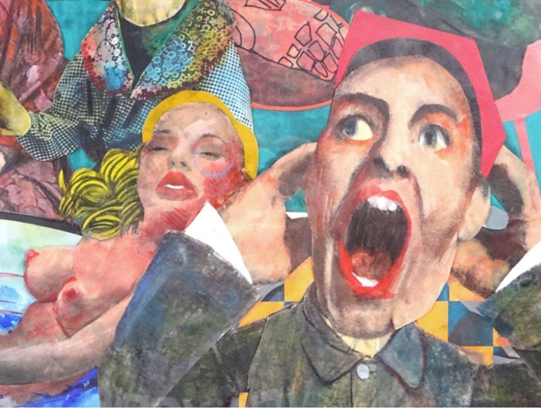 【木村タカヒロ】作 紙にコラージュ『HAND POWER』裸婦 直筆サイン 額装