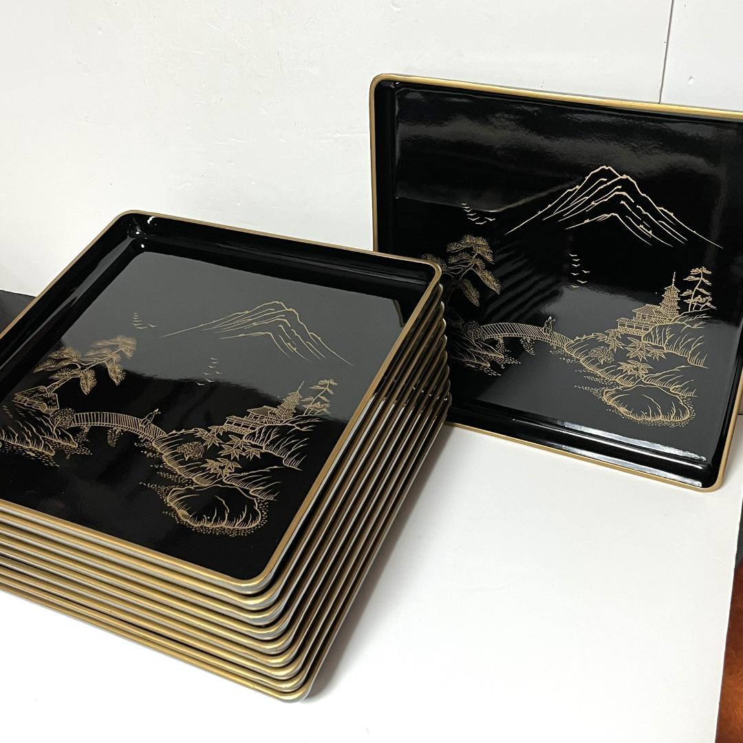 【蔵出し】懐石御膳 輪島塗 二度塗 美術漆器 沈金楼閣山水の図 10客 未使用品