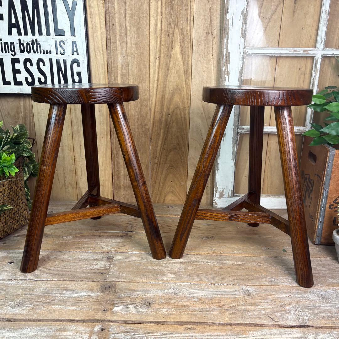 アジアンエスニック原木無垢材木製三本足丸スツール二脚セット木製椅子花台チェア