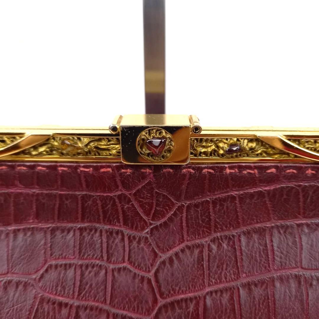 ✨希少✨ハマノ サンピエトロ　リアルクロコ ハンドバッグ ボルドー がま口