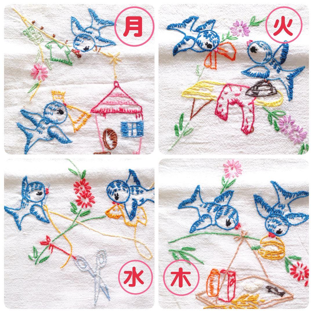 ビンテージ ウィークリークロス ブルーバード リネン 刺繍