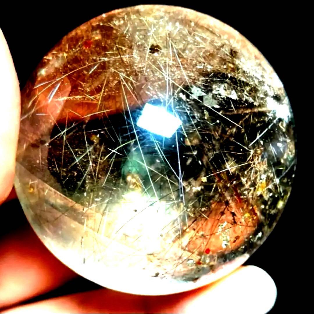 46mm ゴールドルチルクォーツ　丸玉　スフィア　金針水晶