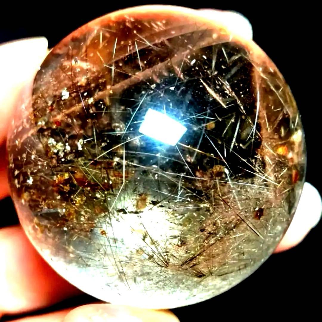 46mm ゴールドルチルクォーツ　丸玉　スフィア　金針水晶