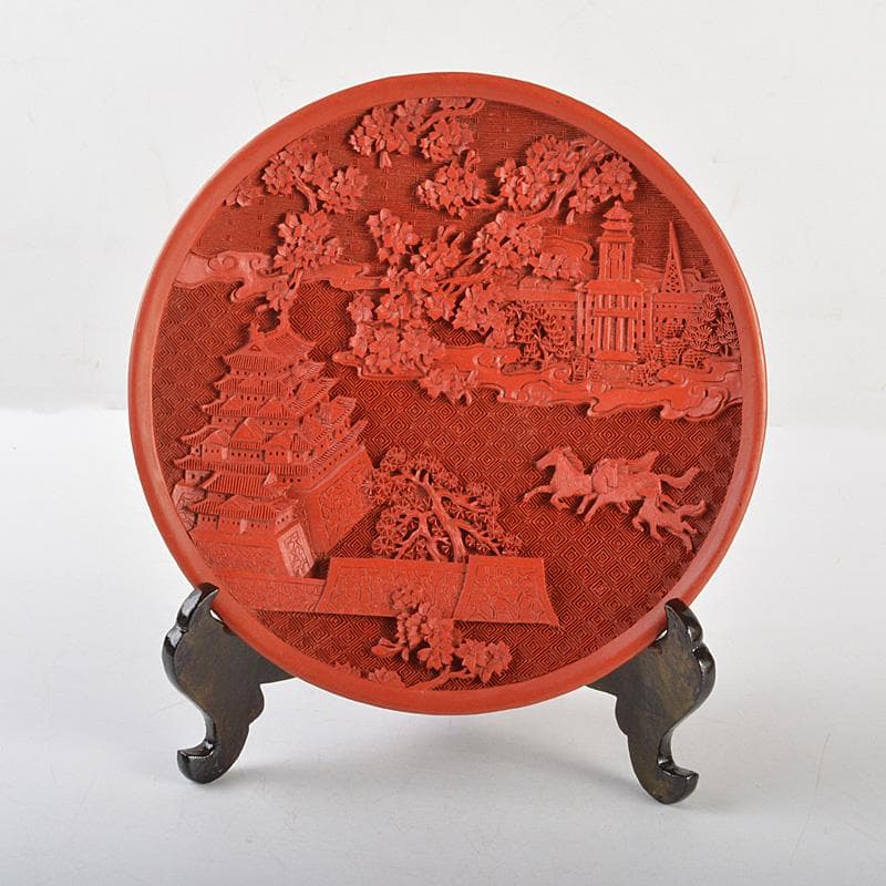 中国　堆朱　山水楼閣文盤　飾皿　飾立付　V　6535