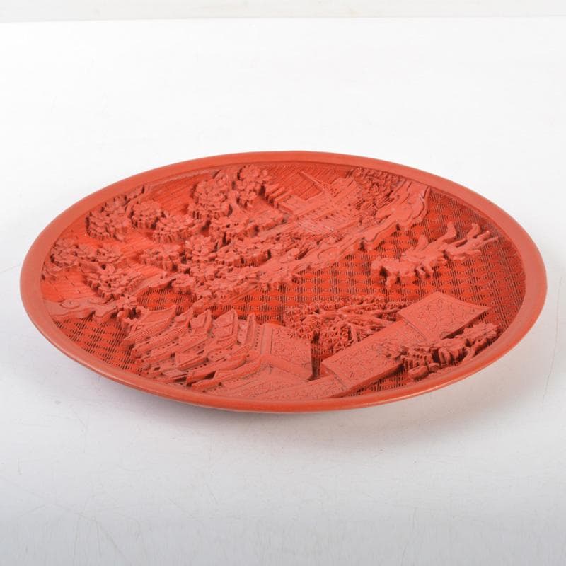 中国　堆朱　山水楼閣文盤　飾皿　飾立付　V　6535