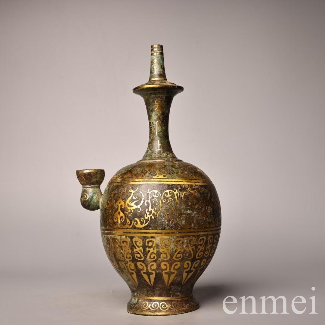 中国古美術・旧蔵搓金装飾と銘文入りの青銅製酒壺と油灯・青銅・純手作り・置物・酒壺
