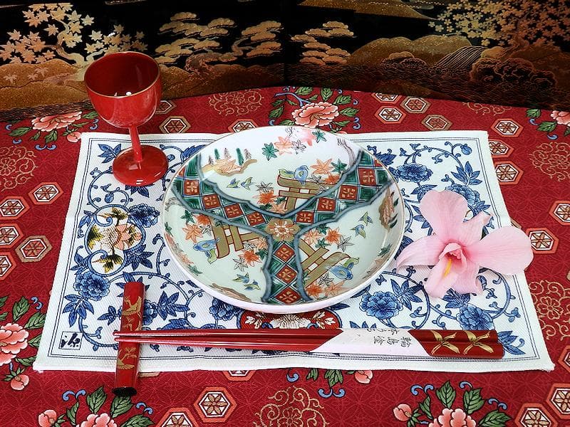 古伊万里　金襴手　紅葉に鳥居　花鳥紋の図　５寸皿　３枚　E549AS-COc