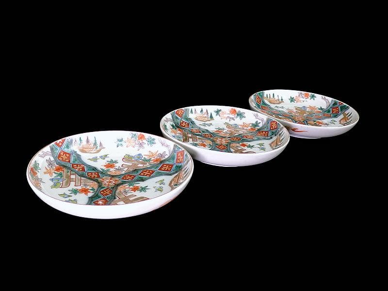 古伊万里　金襴手　紅葉に鳥居　花鳥紋の図　５寸皿　３枚　E549AS-COc